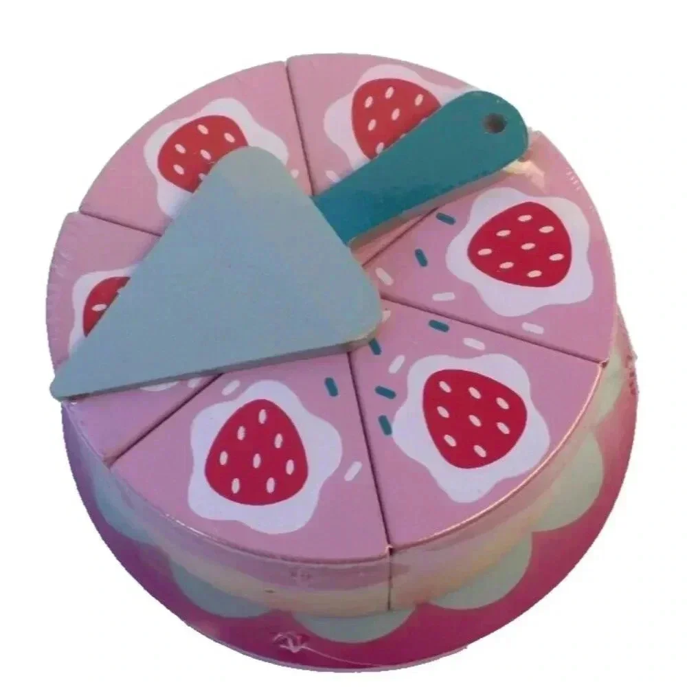 New Lrg Wood Kids Pretend Play Food Toy - Strawberry Cake Dessert Set Fun Server